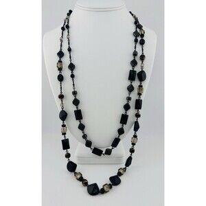 Vintage Cookie Lee Long Black Bead Smoky Glass Gunmetal Layered Necklace 32/27”